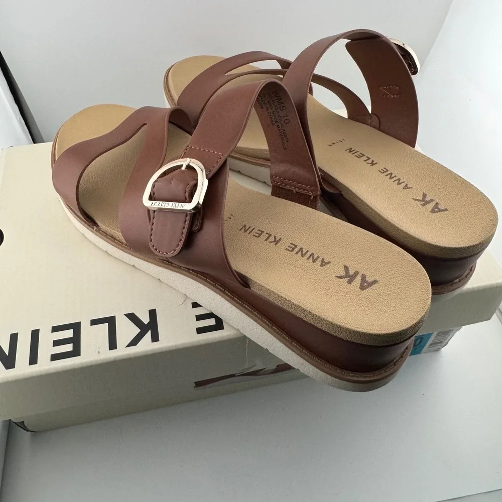 Anne Klein Lalasa Sandal Women 10 Cognac Brown Strap Wedge Buckle Comfort iFlex